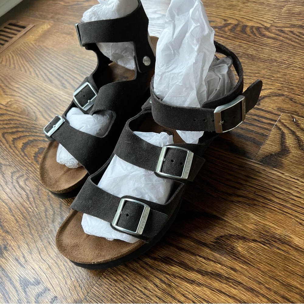 Birkenstock gladiator style wedge sandals grey Sz 41
